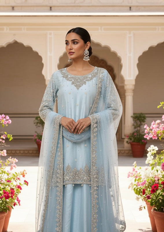 248A - LIGHT BLUE  EMBROIDERED LENGHA DRESS