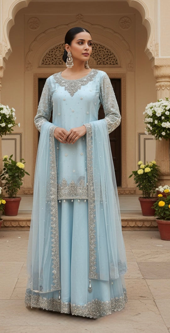 248A - LIGHT BLUE  EMBROIDERED LENGHA DRESS