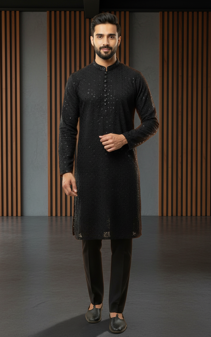 CK761B - Men’s Black Cotton Hand Embroidered Chikankari Set