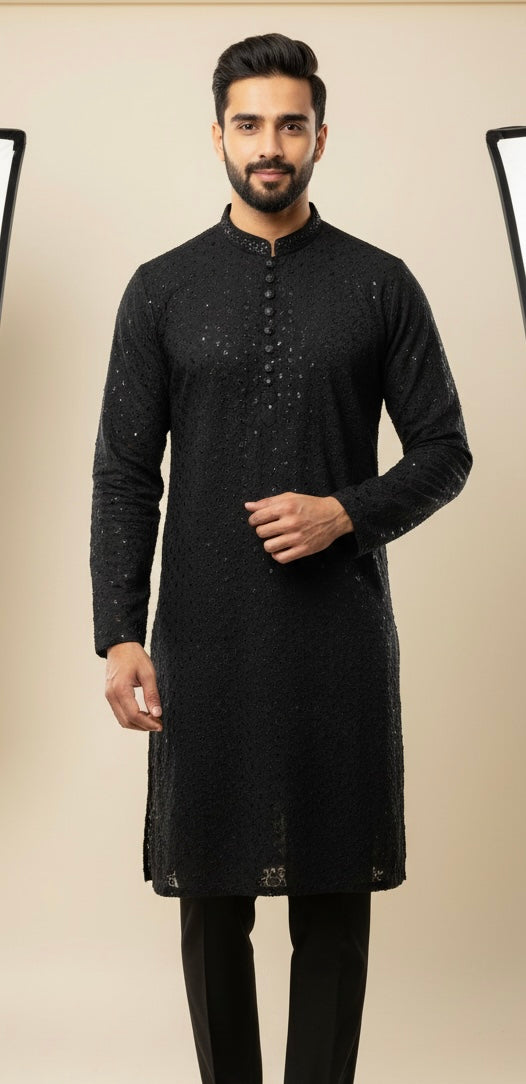 CK761B - Men’s Black Cotton Hand Embroidered Chikankari Set