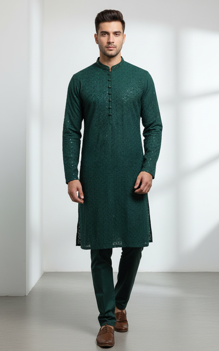 CK761A - Men’s Green Cotton Hand Embroidered Chikankari Set