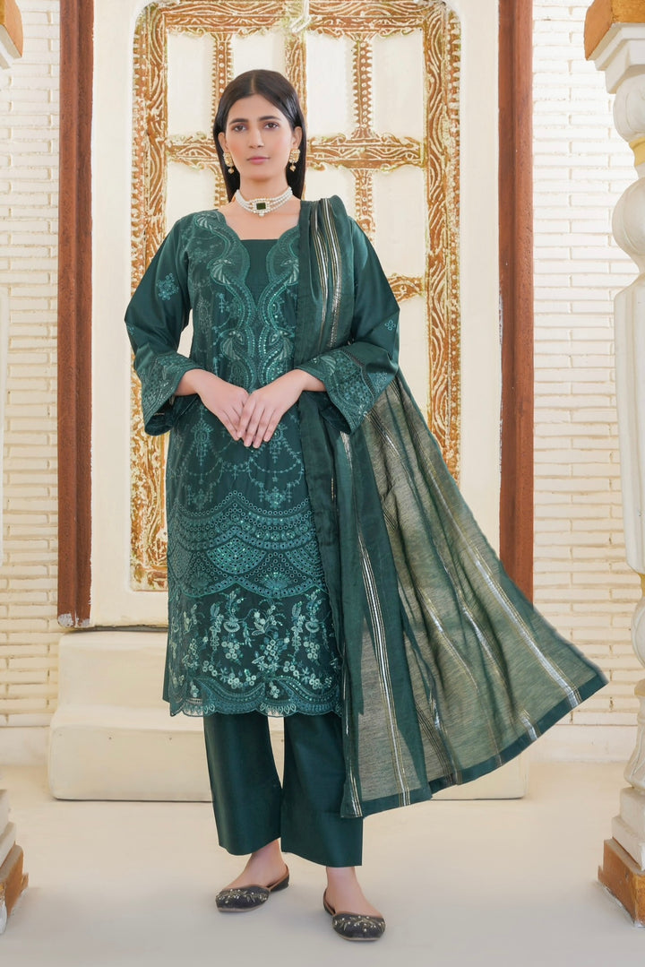 75A - Maria b inspired Green Embroidered Cotton 3 piece suit