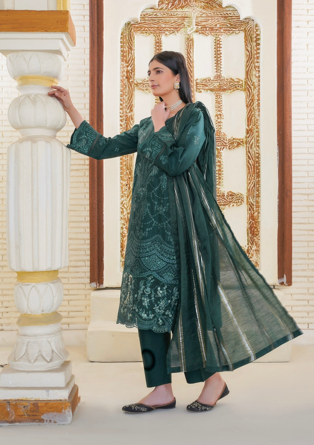 75A - Maria b inspired Green Embroidered Cotton 3 piece suit