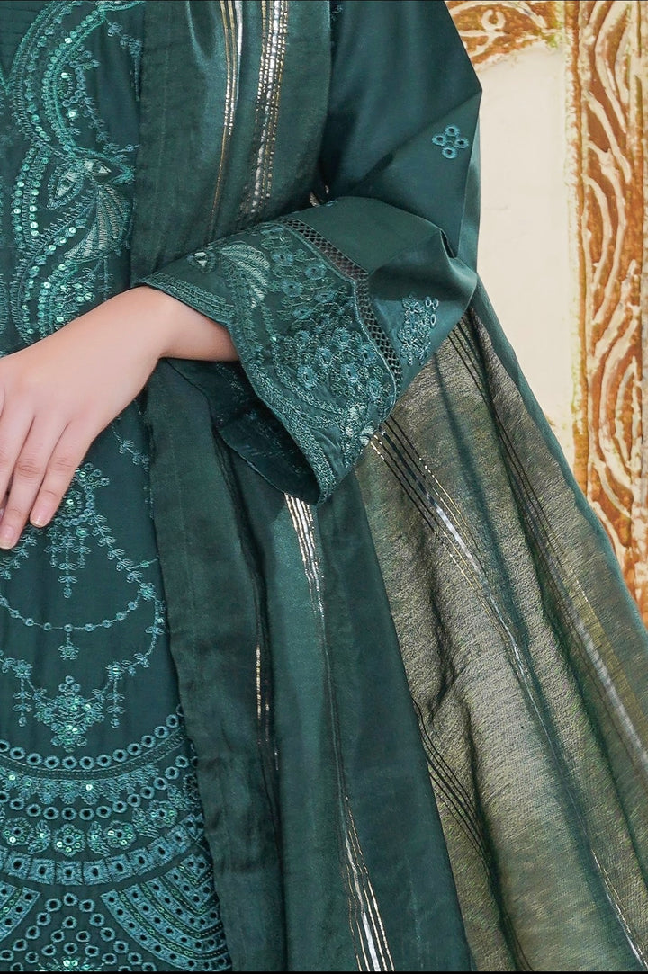 75A - Maria b inspired Green Embroidered Cotton 3 piece suit