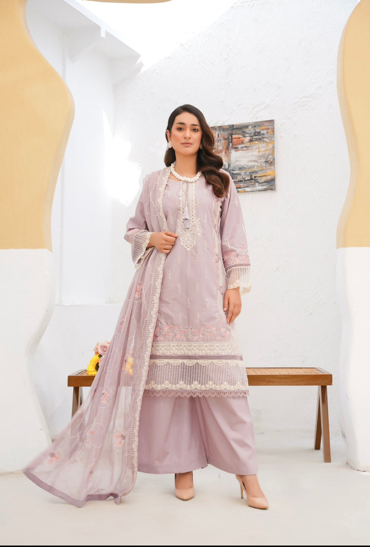76A - Attire designer Purple Embroidered Cotton 3 piece suit