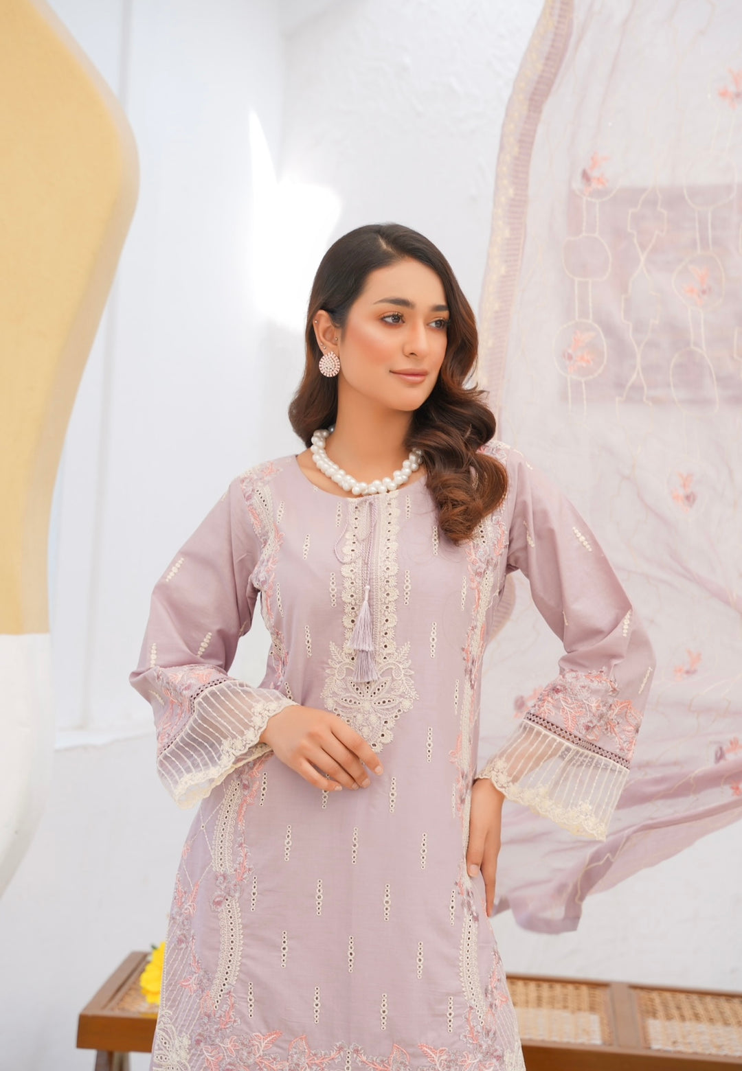 76A - Attire designer Purple Embroidered Cotton 3 piece suit