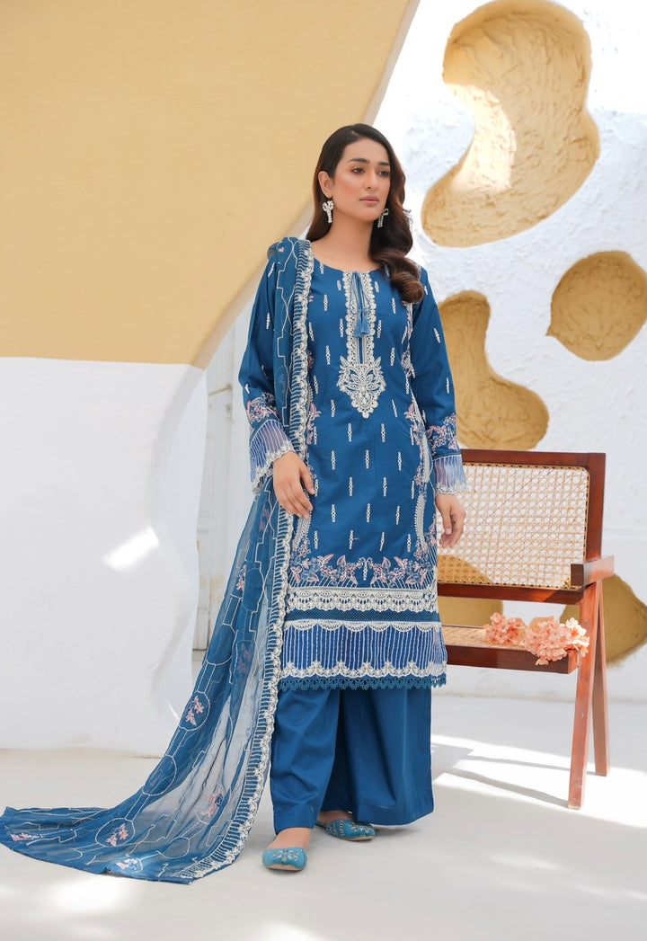 76B - Attire designer Teal Blue Embroidered Cotton 3 piece suit