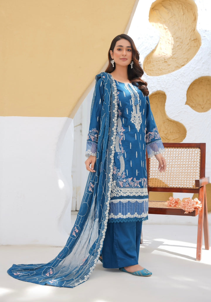 76B - Attire designer Teal Blue Embroidered Cotton 3 piece suit