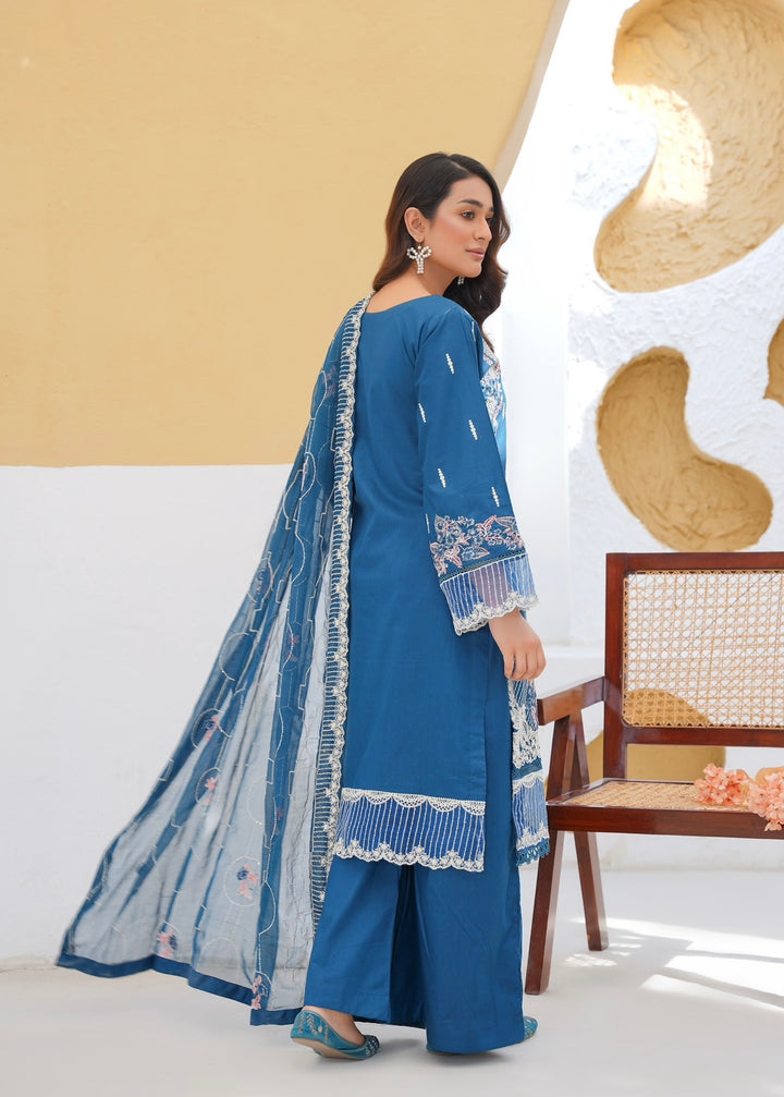 76B - Attire designer Teal Blue Embroidered Cotton 3 piece suit