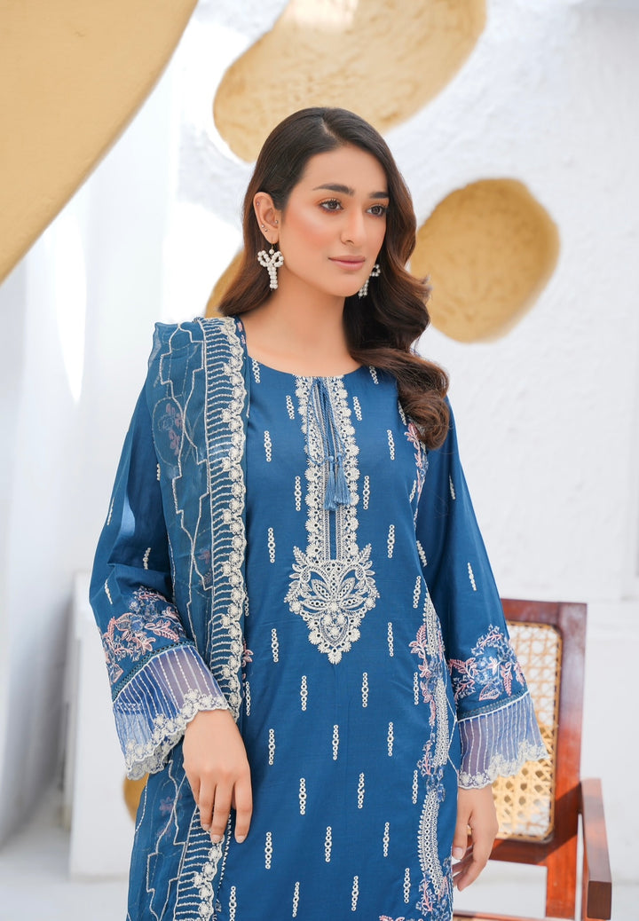 76B - Attire designer Teal Blue Embroidered Cotton 3 piece suit