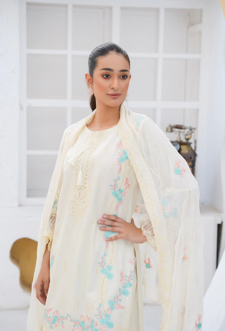 76D - Attire designer Cream Embroidered Cotton 3 piece suit