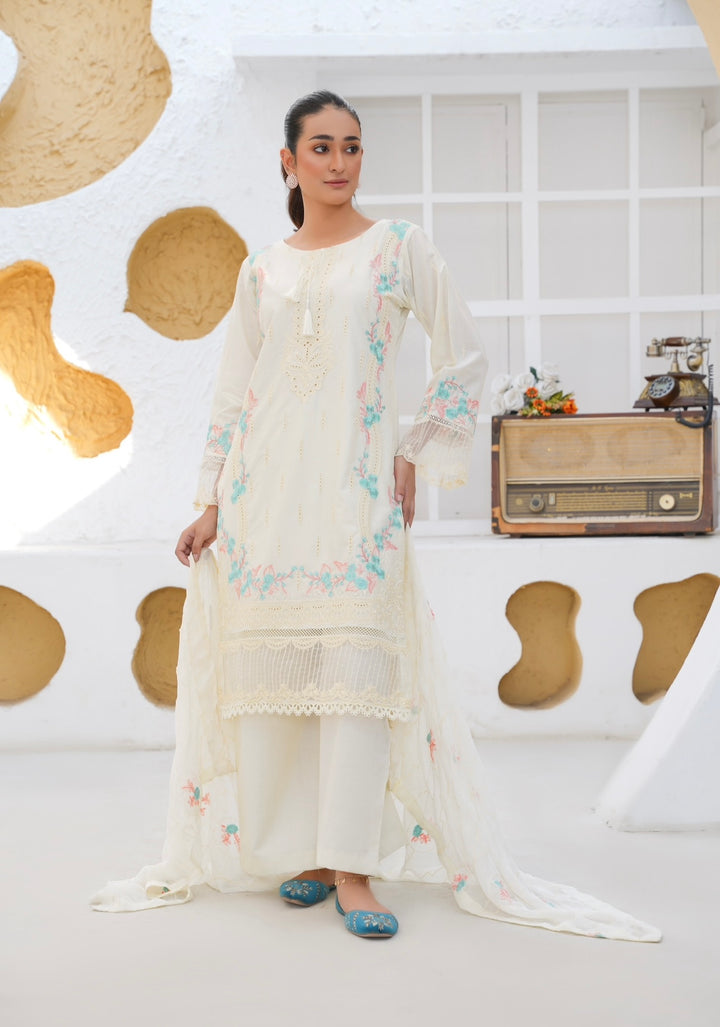 76D - Attire designer Cream Embroidered Cotton 3 piece suit