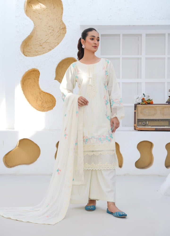 76D - Attire designer Cream Embroidered Cotton 3 piece suit