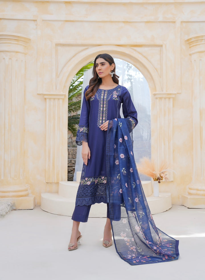 67B - Attire designer Blue Embroidered Cotton 3 piece suit