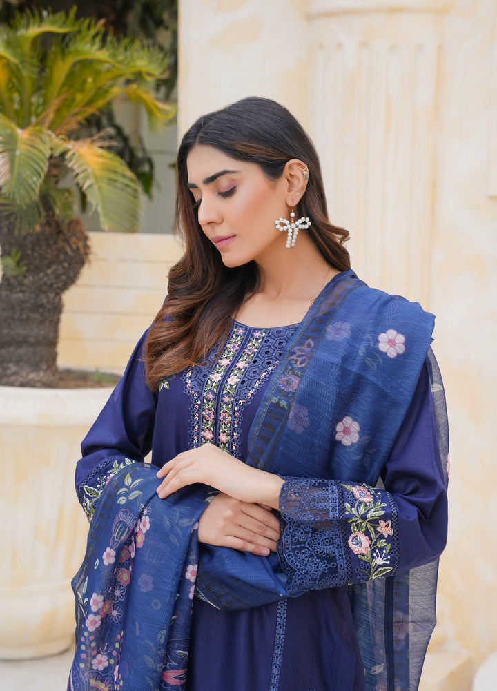 67B - Attire designer Blue Embroidered Cotton 3 piece suit