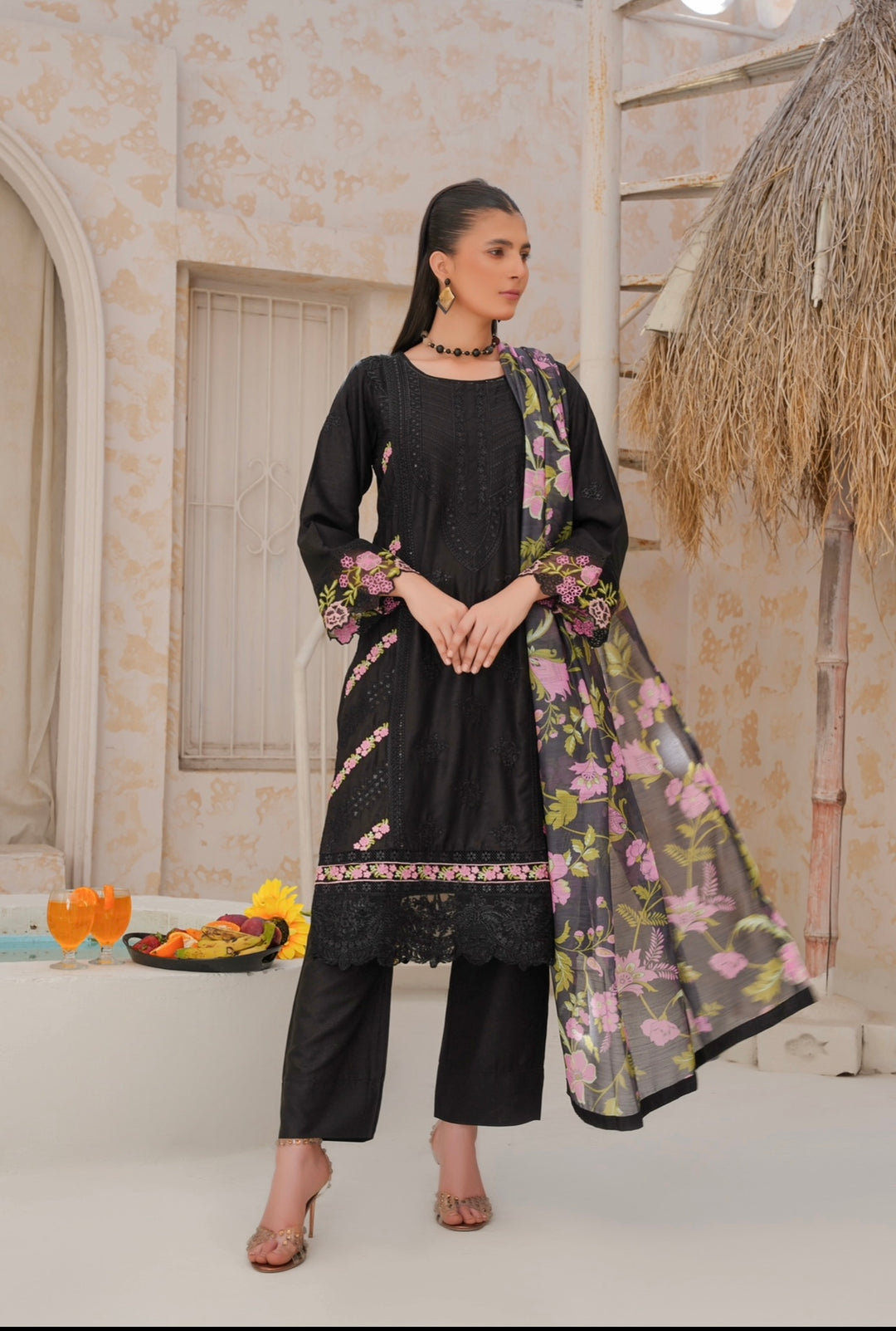 78B - Attire designer Black Embroidered Cotton 3 piece suit