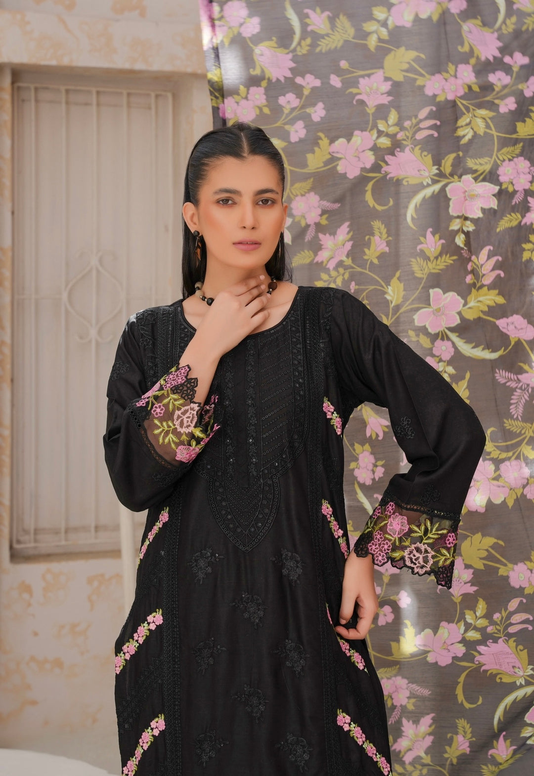 78B - Attire designer Black Embroidered Cotton 3 piece suit