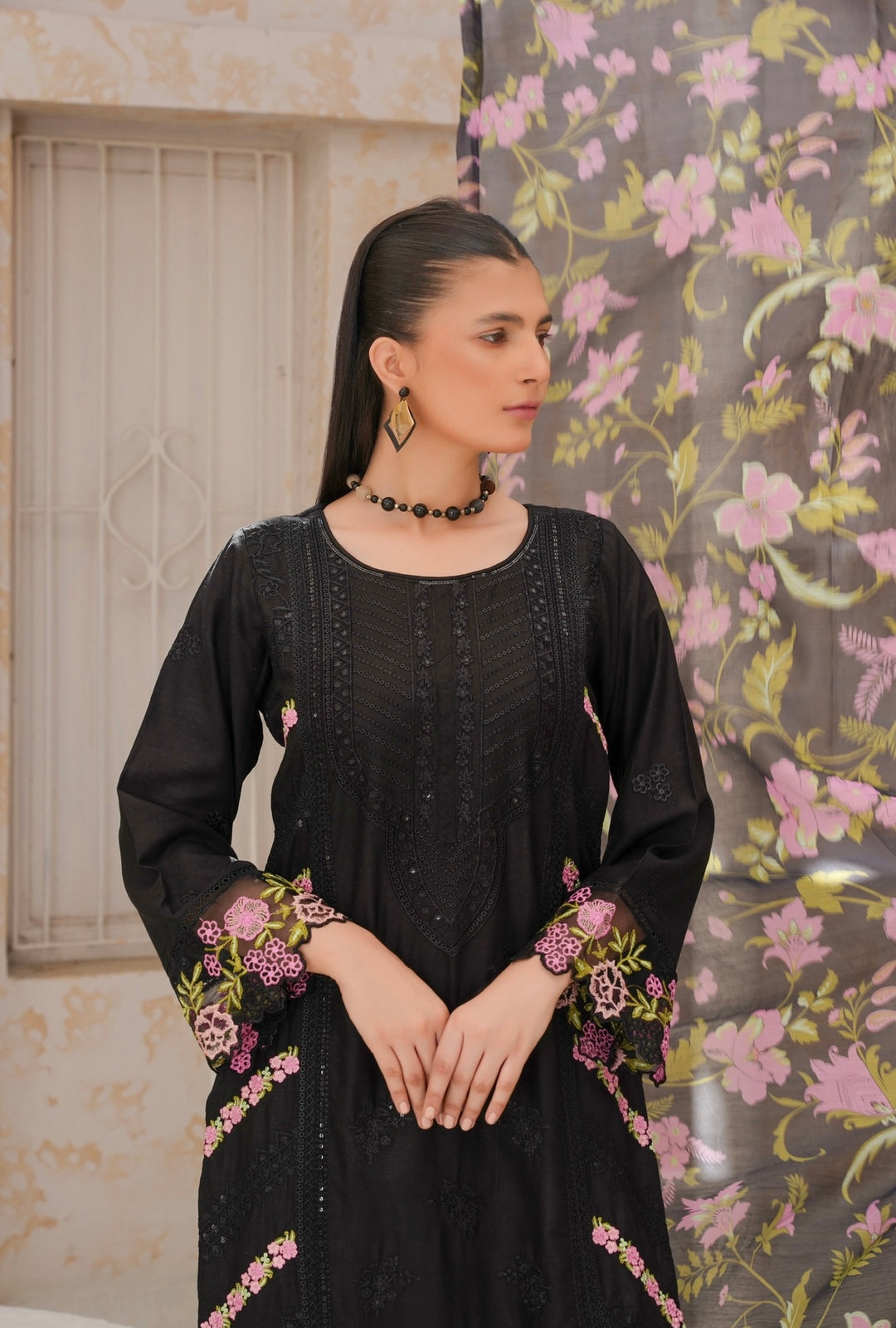 78B - Attire designer Black Embroidered Cotton 3 piece suit