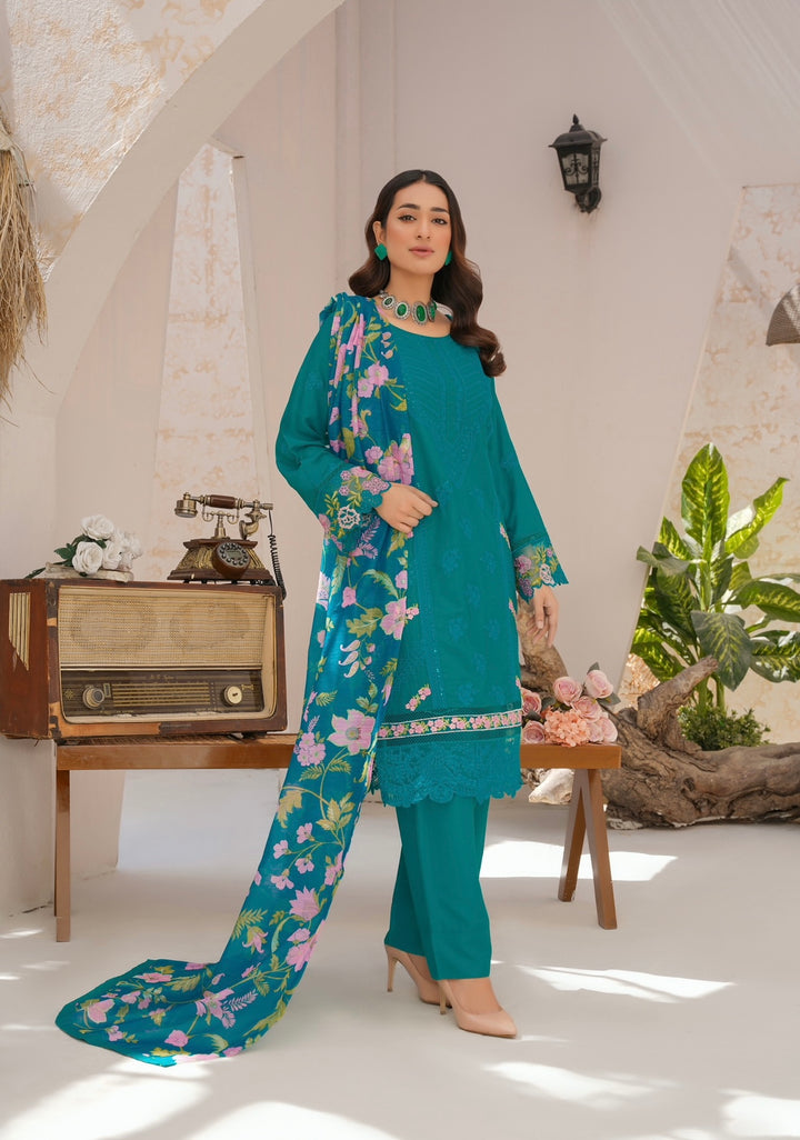78D - Attire designer Turquoise Embroidered Cotton 3 piece suit