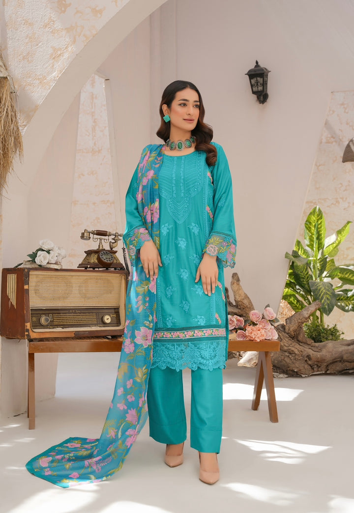 78D - Attire designer Turquoise Embroidered Cotton 3 piece suit