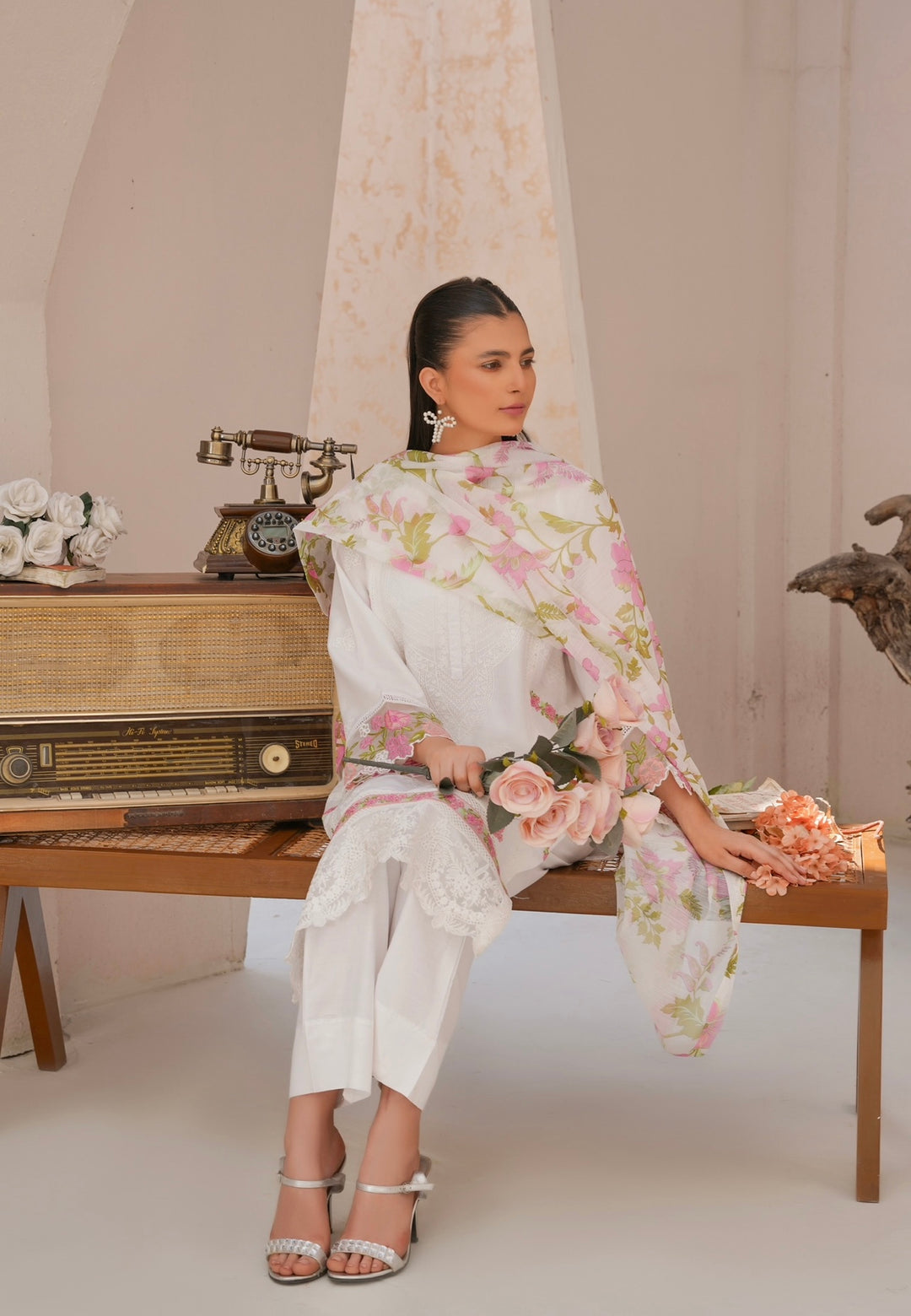 78A - Attire designer white Embroidered Cotton 3 piece suit