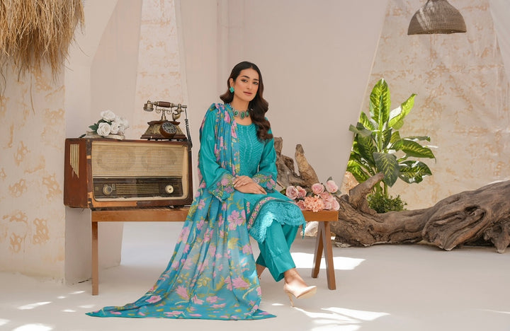 78D - Attire designer Turquoise Embroidered Cotton 3 piece suit