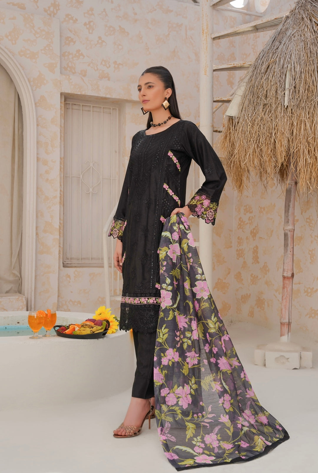 78B - Attire designer Black Embroidered Cotton 3 piece suit