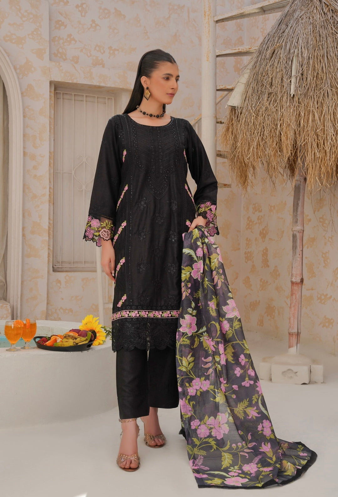 78B - Attire designer Black Embroidered Cotton 3 piece suit