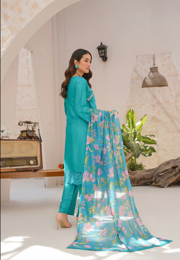 78D - Attire designer Turquoise Embroidered Cotton 3 piece suit