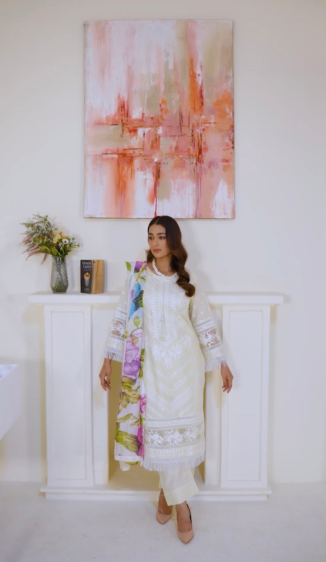 1129C - Cream Embroidered Cotton Suit