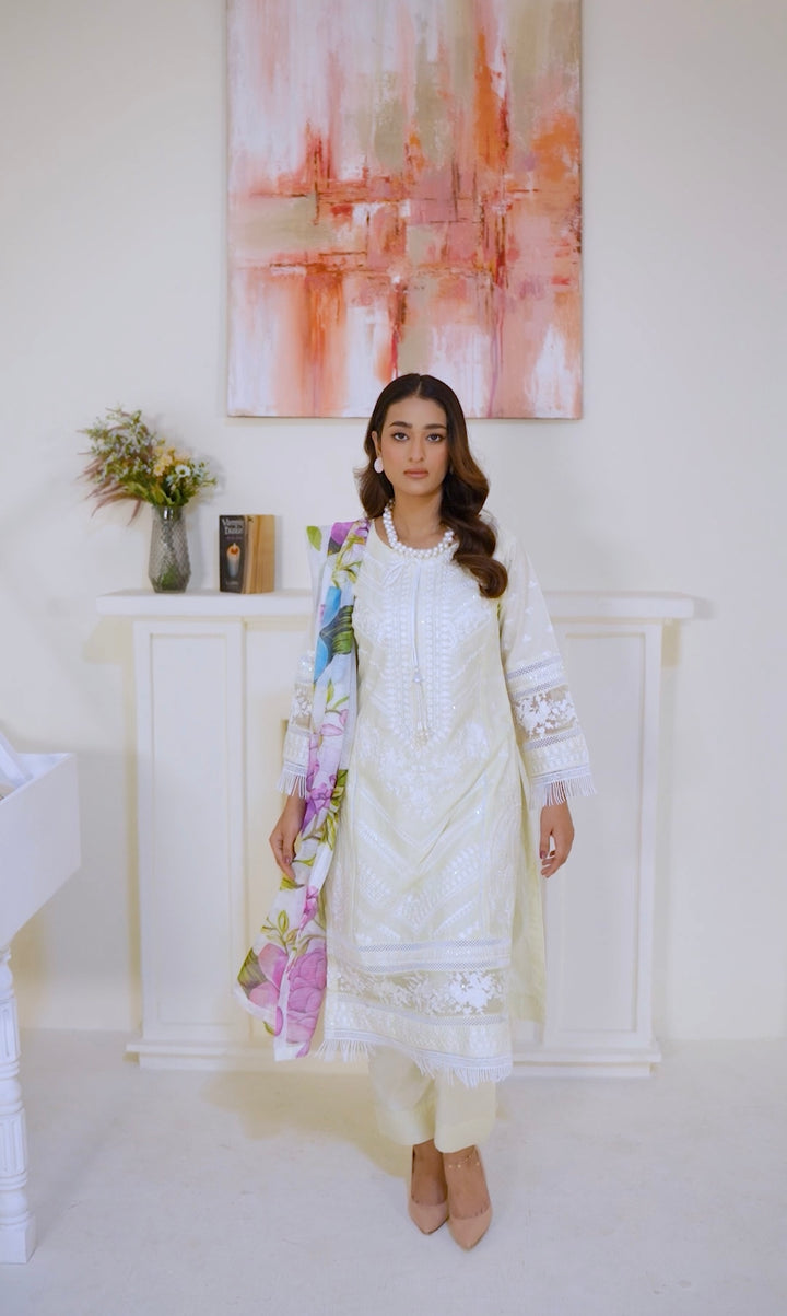 1129C - Cream Embroidered Cotton Suit