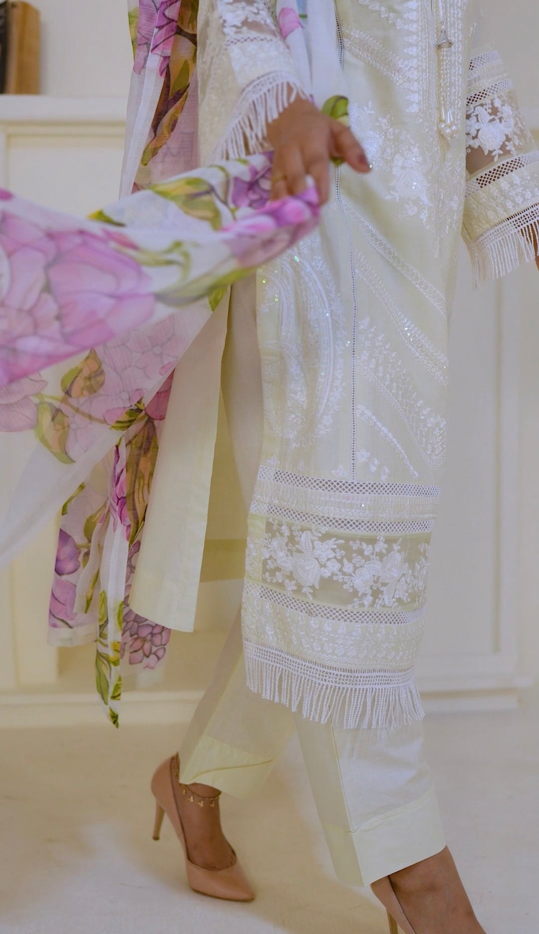 1129C - Cream Embroidered Cotton Suit