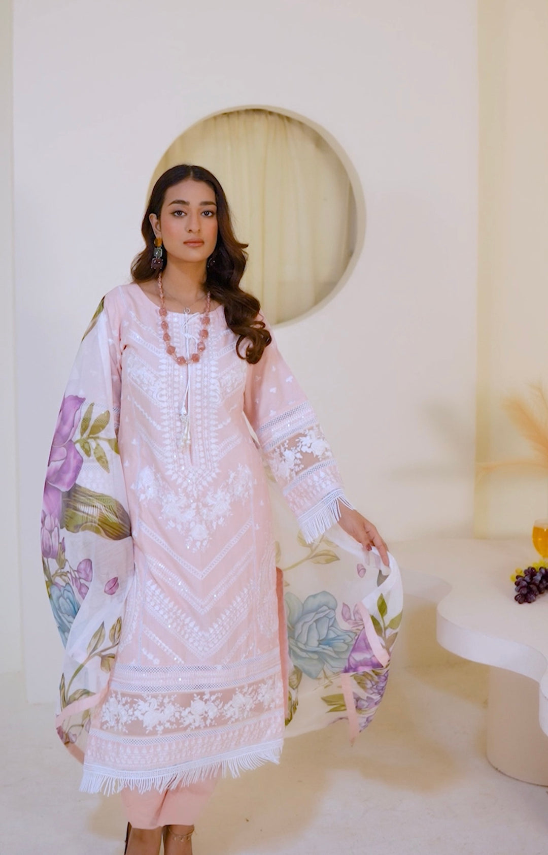 1129D - Peachy Pink Embroidered Cotton Suit