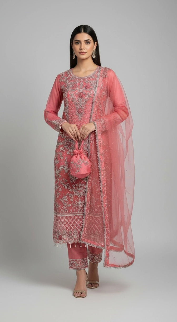 151A  - CORAL EMBROIDERED & EMBELLISHED NET SUIT