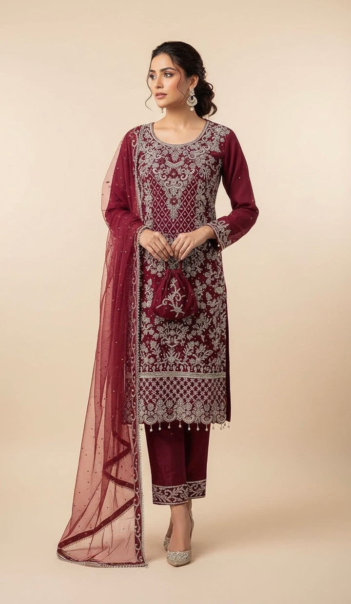 151C  - PLUM EMBROIDERED & EMBELLISHED NET SUIT