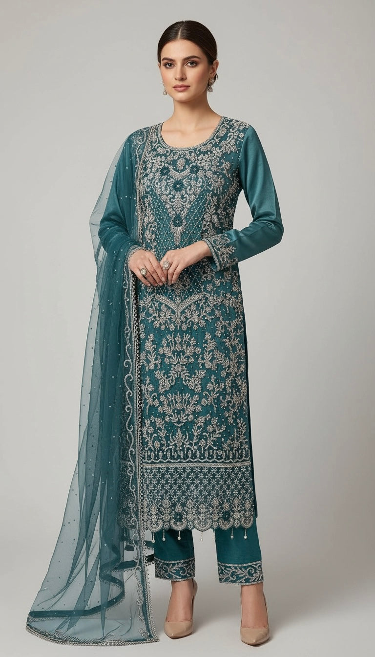 151B - TEAL EMBROIDERED & EMBELLISHED NET SUIT