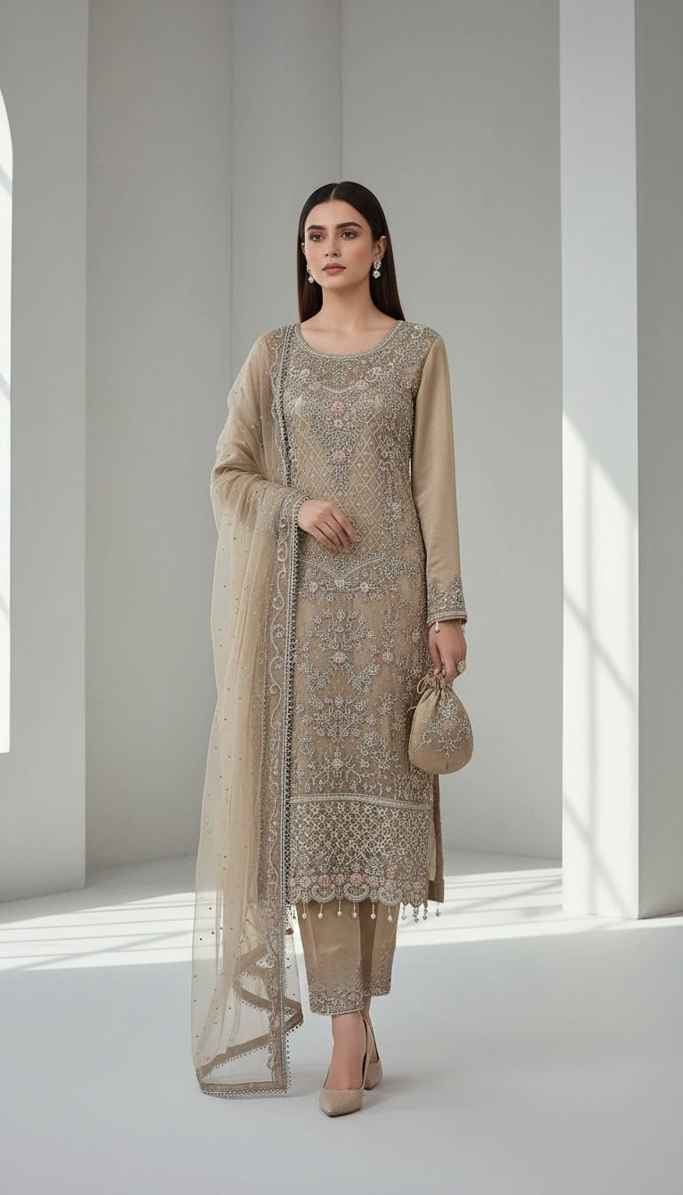151D  - BEIGE GOLD EMBROIDERED & EMBELLISHED NET SUIT