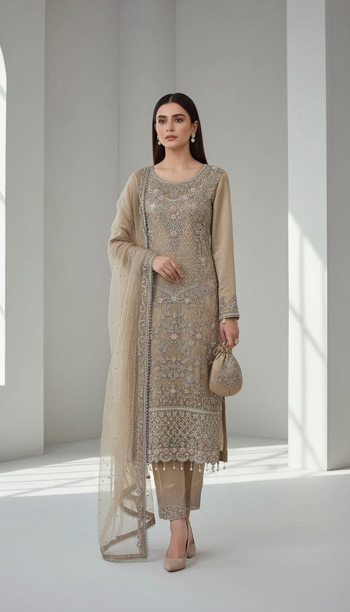151D  - BEIGE GOLD EMBROIDERED & EMBELLISHED NET SUIT