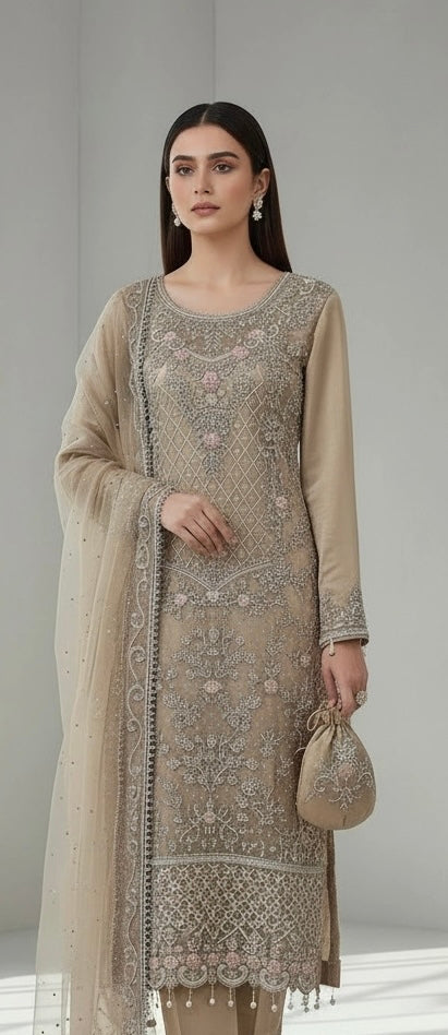 151D  - BEIGE GOLD EMBROIDERED & EMBELLISHED NET SUIT