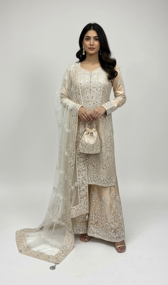 178A -BEIGE GOLD EMBROIDERED & EMBELLISHED NET SUIT