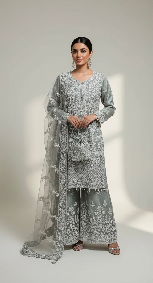 178C - GREY EMBROIDERED & EMBELLISHED NET SUIT