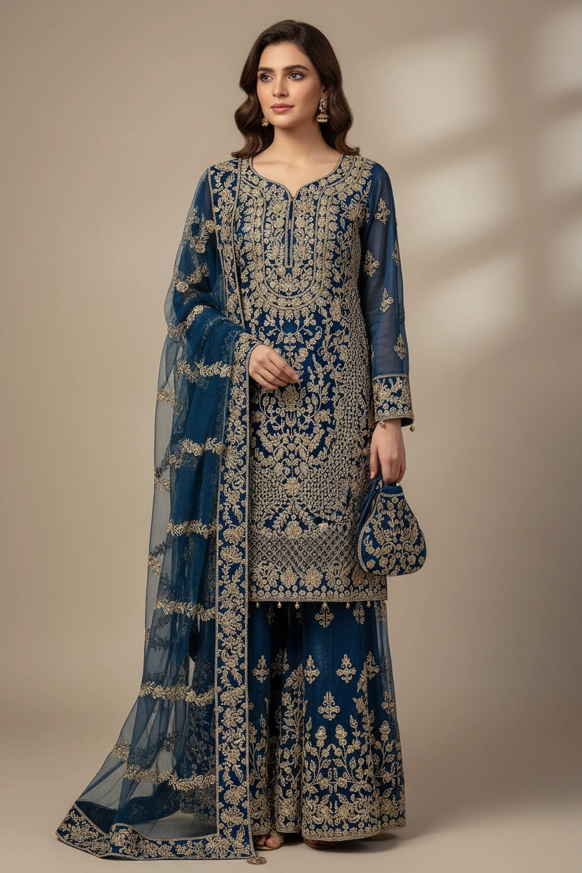 178D - TEAL BLUE EMBROIDERED & EMBELLISHED NET SUIT