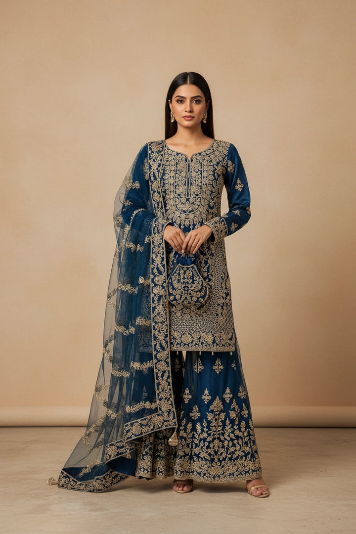 178D - TEAL BLUE EMBROIDERED & EMBELLISHED NET SUIT