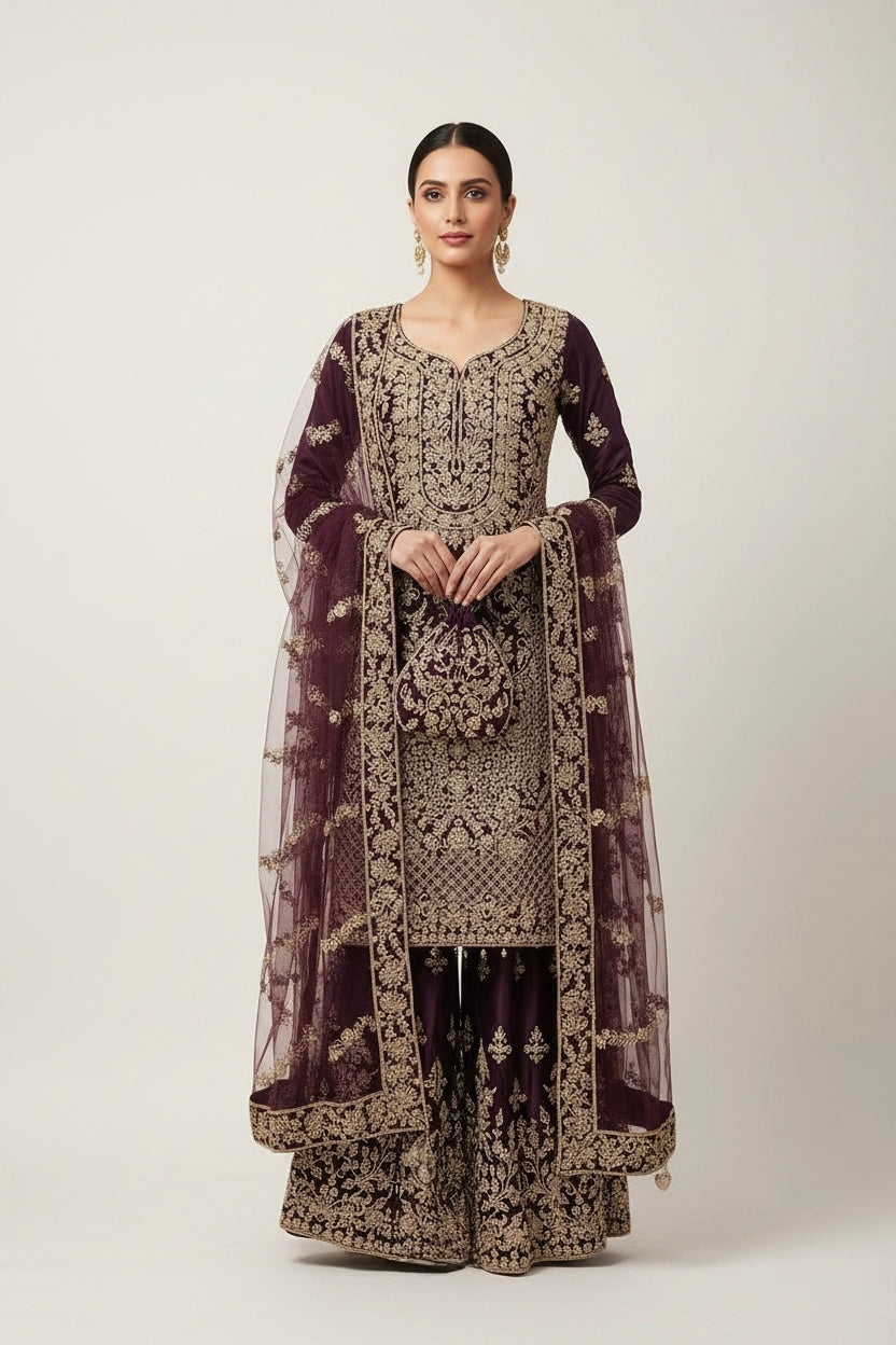 178E - PLUM EMBROIDERED & EMBELLISHED NET SUIT