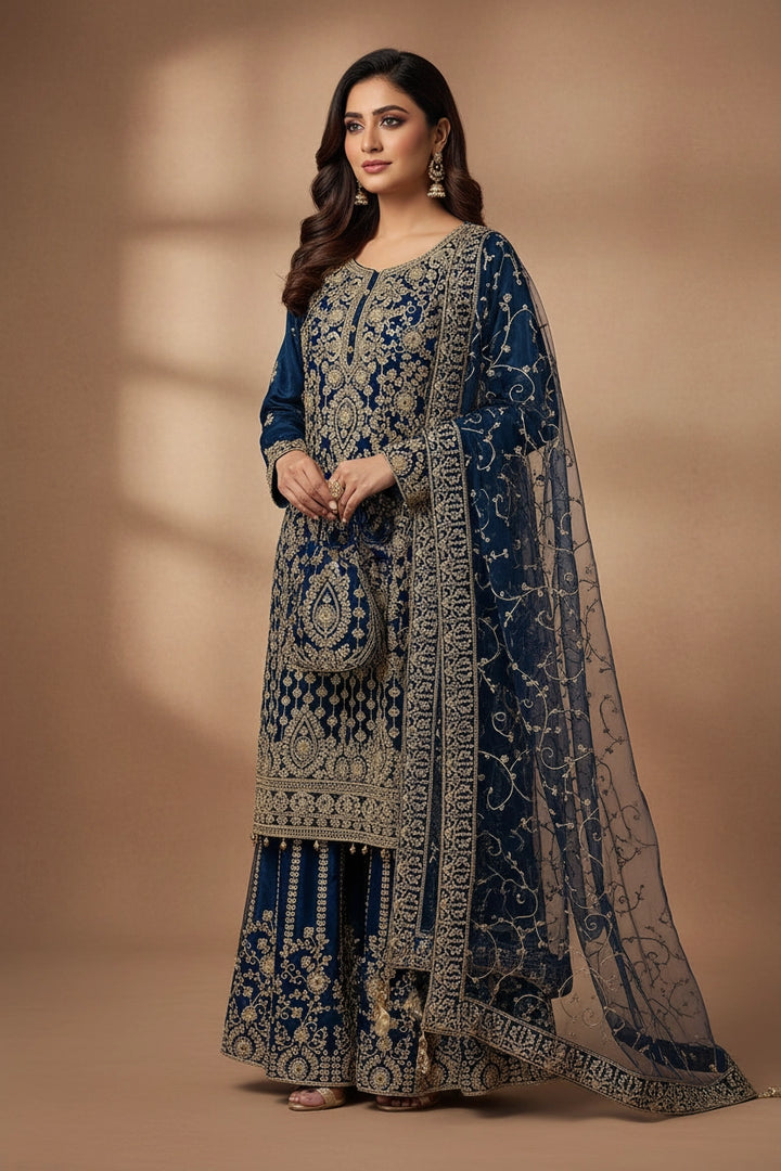 179A - BLUE EMBROIDERED & EMBELLISHED NET SUIT