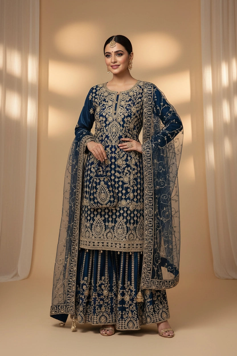 179A - BLUE EMBROIDERED & EMBELLISHED NET SUIT
