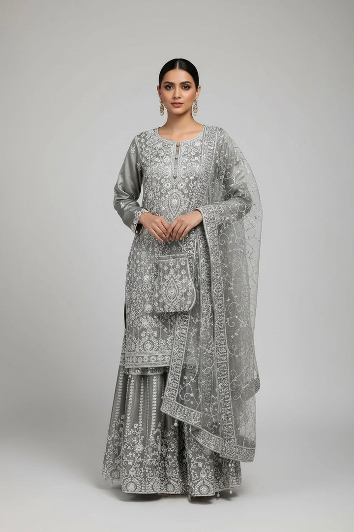 179B - GREY EMBROIDERED & EMBELLISHED NET SUIT