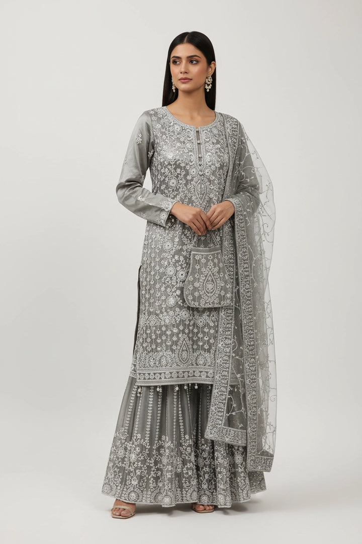 179B - GREY EMBROIDERED & EMBELLISHED NET SUIT