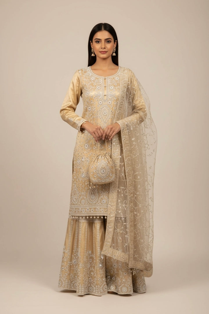 179C - BIEGE GOLD EMBROIDERED & EMBELLISHED NET SUIT