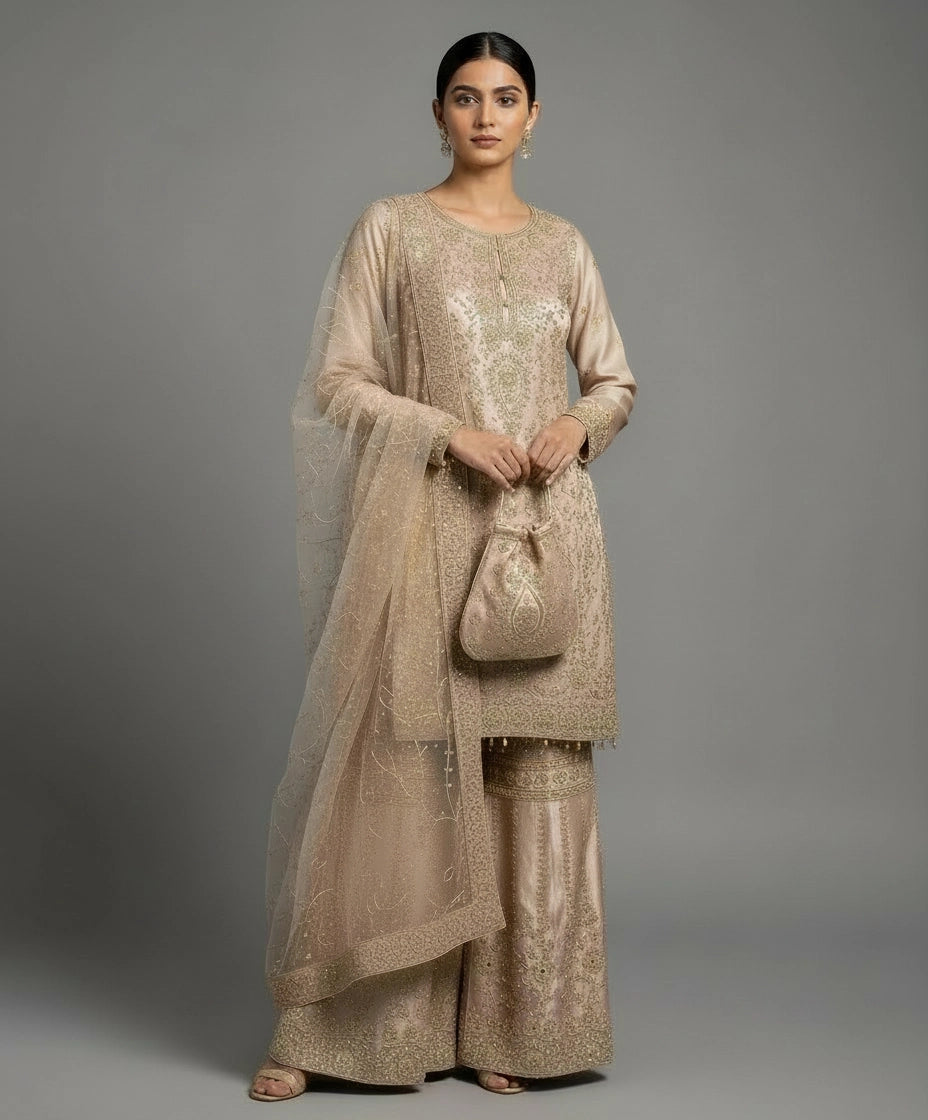 179D - ROSE GOLD EMBROIDERED & EMBELLISHED NET SUIT